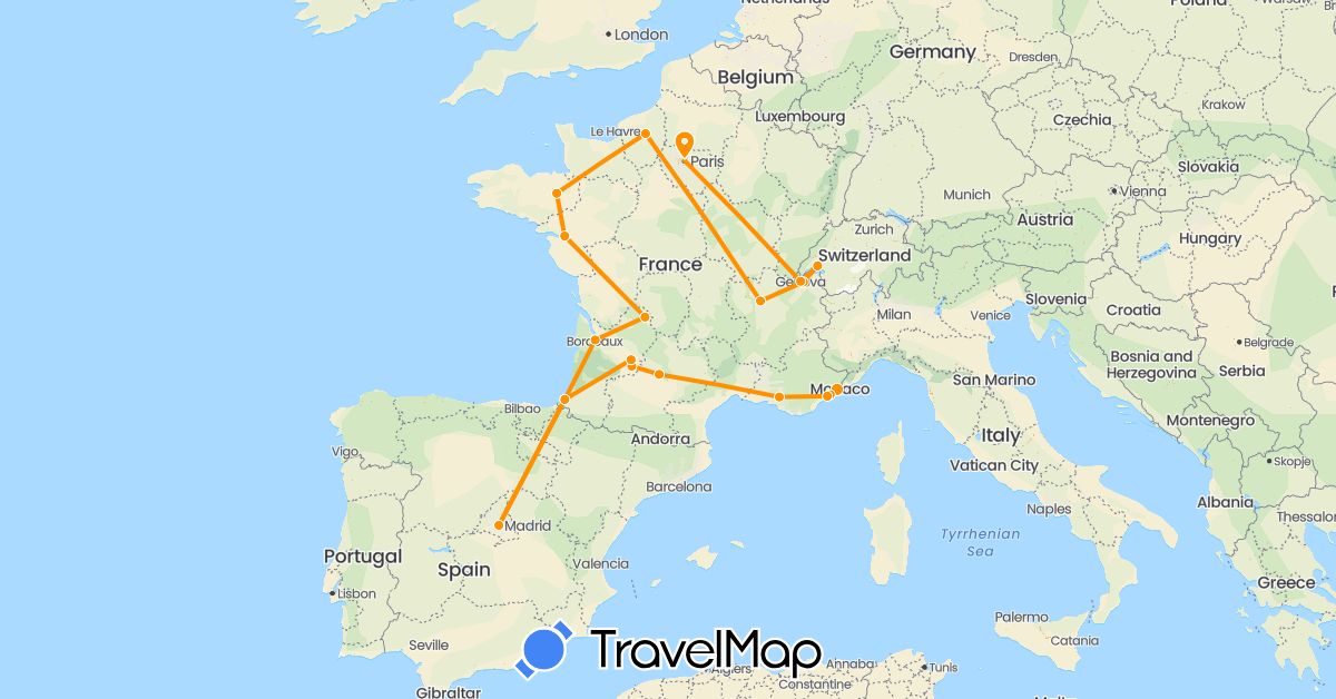 TravelMap itinerary: driving, hitchhiking in Switzerland, Spain, France (Europe)